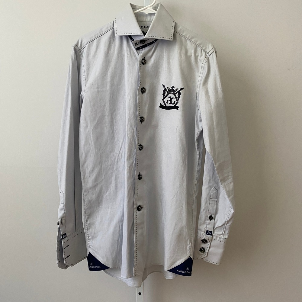 Angelo Galasso Cotton Office Siren Academia Luxury Logo Button Shirt 15.5 Blue
